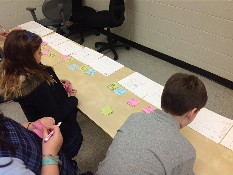 Kids looking at sticky notes on a table