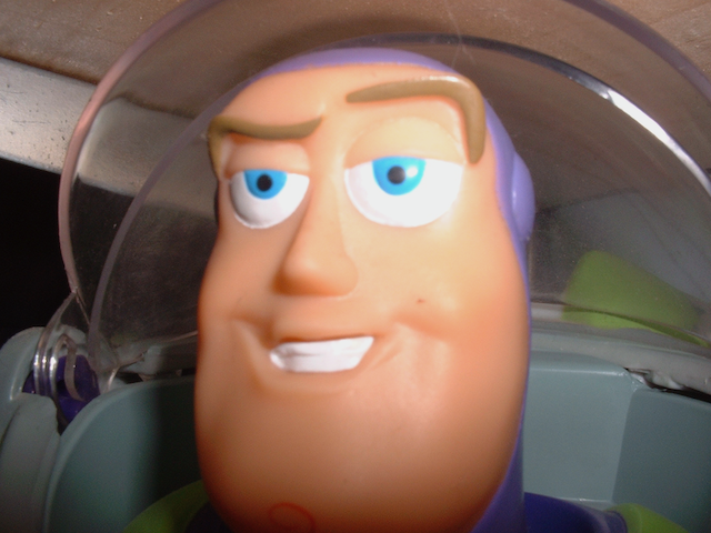A  closeup of Buzz Lightyear, Space Ranger toy